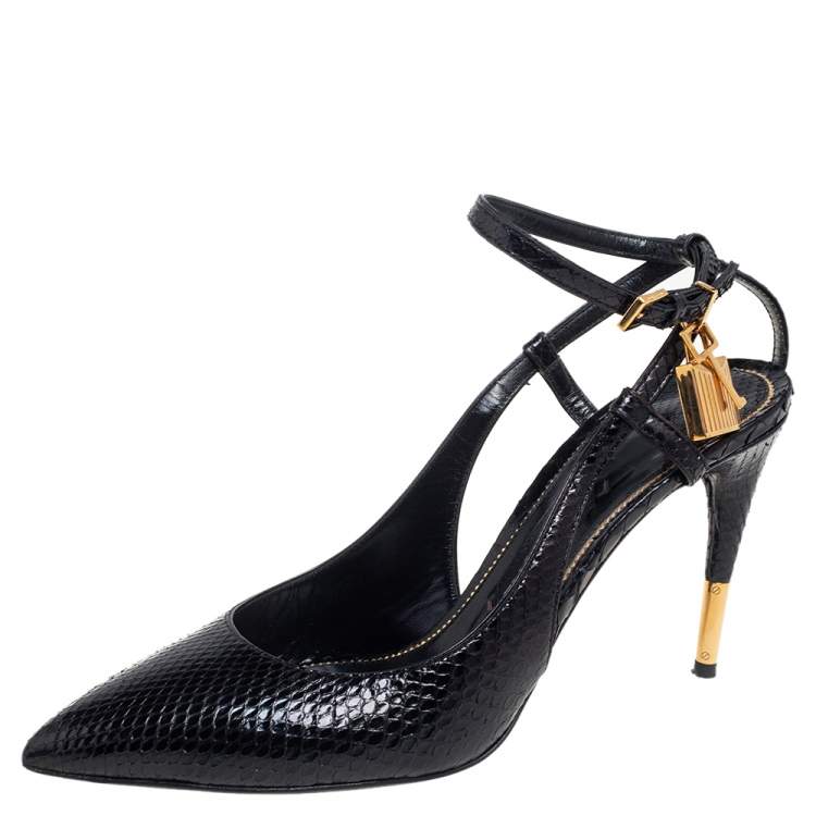Pre Owned Tom Ford Black Python Padlock Ankle Strap Sandals Size 40.5 