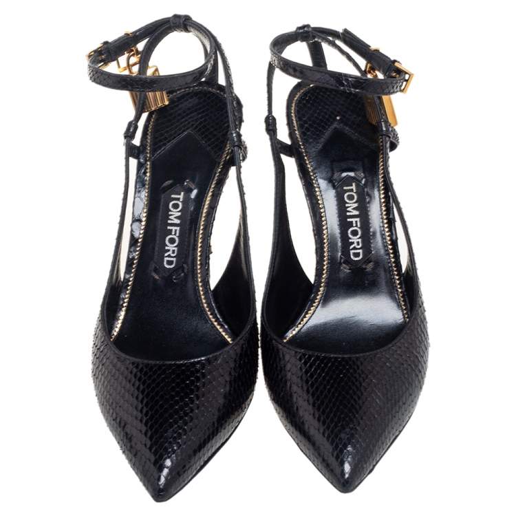 Pre Owned Tom Ford Black Python Padlock Ankle Strap Sandals Size 40.5 