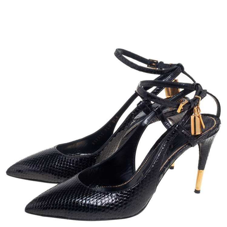 Pre Owned Tom Ford Black Python Padlock Ankle Strap Sandals Size 40.5 