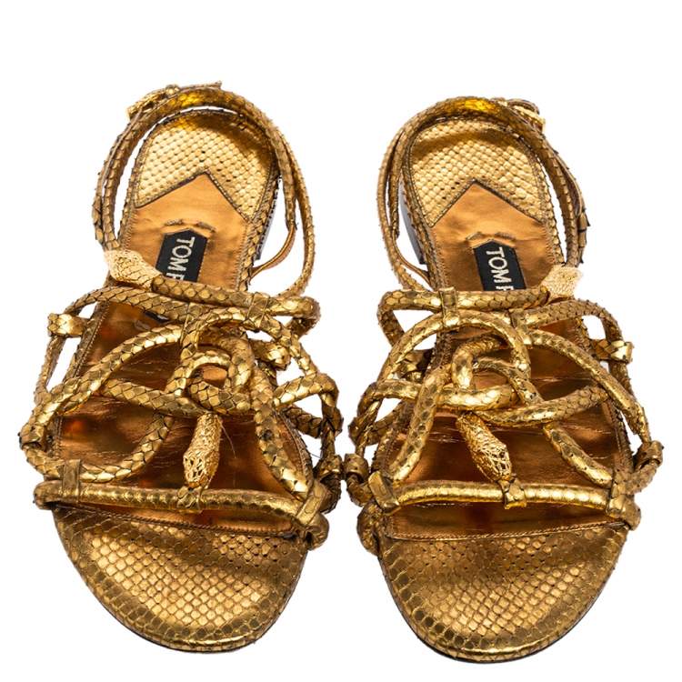 Pre Owned Tom Ford Metallic Gold Snakeskin Flat Sandals Size 41