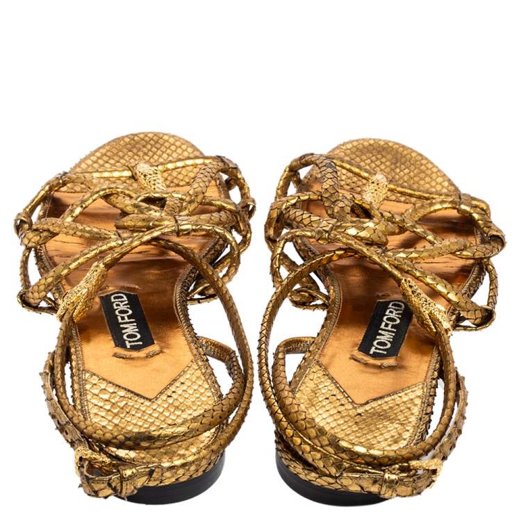 Pre Owned Tom Ford Metallic Gold Snakeskin Flat Sandals Size 41