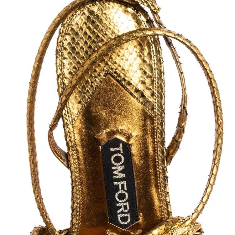 Pre Owned Tom Ford Metallic Gold Snakeskin Flat Sandals Size 41