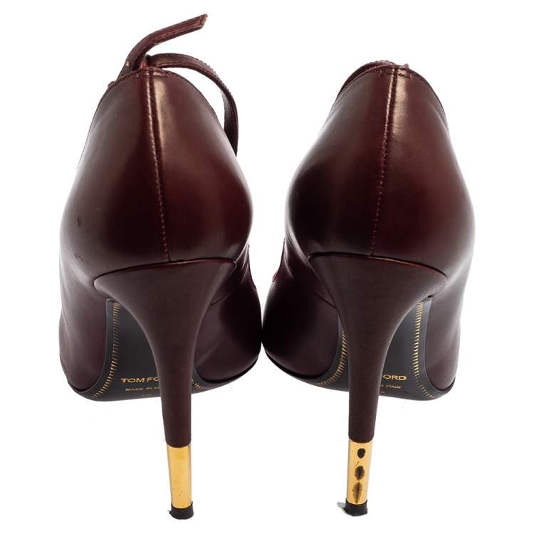 Pre Owned Tom Ford Burgundy Leather Padlock Ankle Wrap Pointed Toe Pumps Size 38