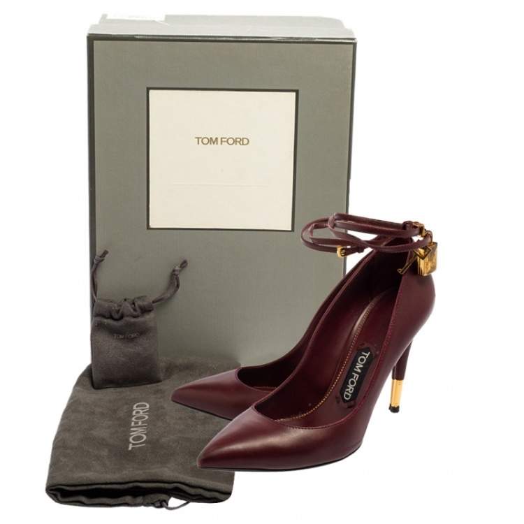 Pre Owned Tom Ford Burgundy Leather Padlock Ankle Wrap Pointed Toe Pumps Size 38