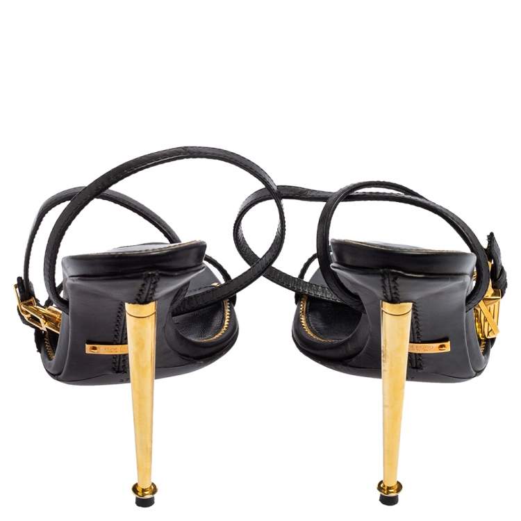 Pre Owned Tom Ford Black Leather Padlock Ankle Strap Sandals Size 37