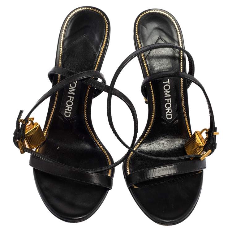 Pre Owned Tom Ford Black Leather Padlock Ankle Strap Sandals Size 37