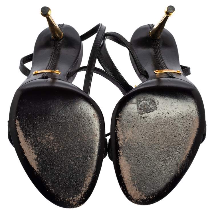 Pre Owned Tom Ford Black Leather Padlock Ankle Strap Sandals Size 37