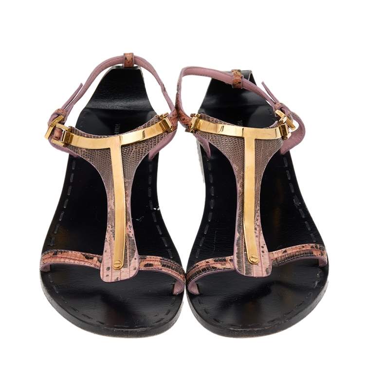Pre Owned Tom Ford Pink Leather T Strap Flat Sandals Size 36