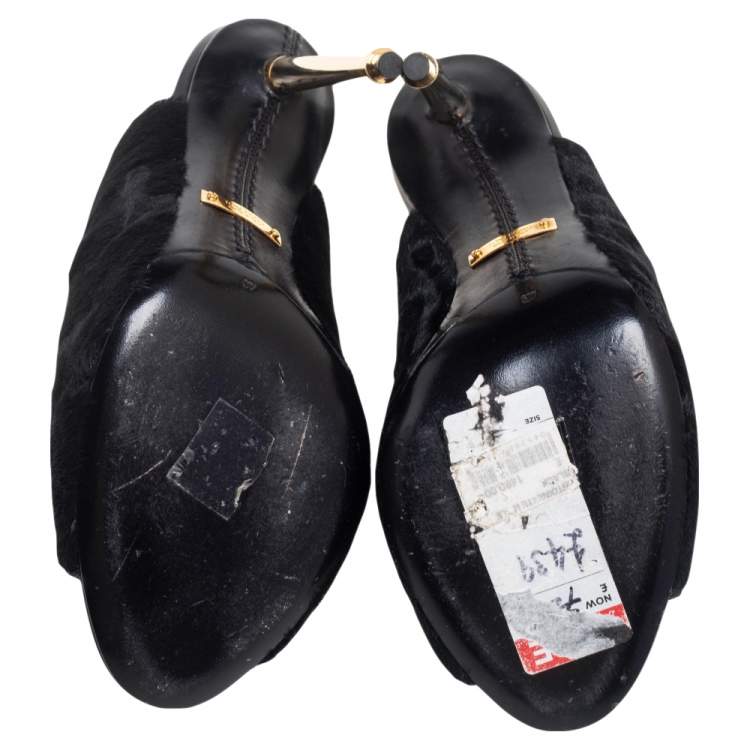 Pre Owned Tom Ford Black Calf Hair Peep-Toe Mule Sandals Size 37