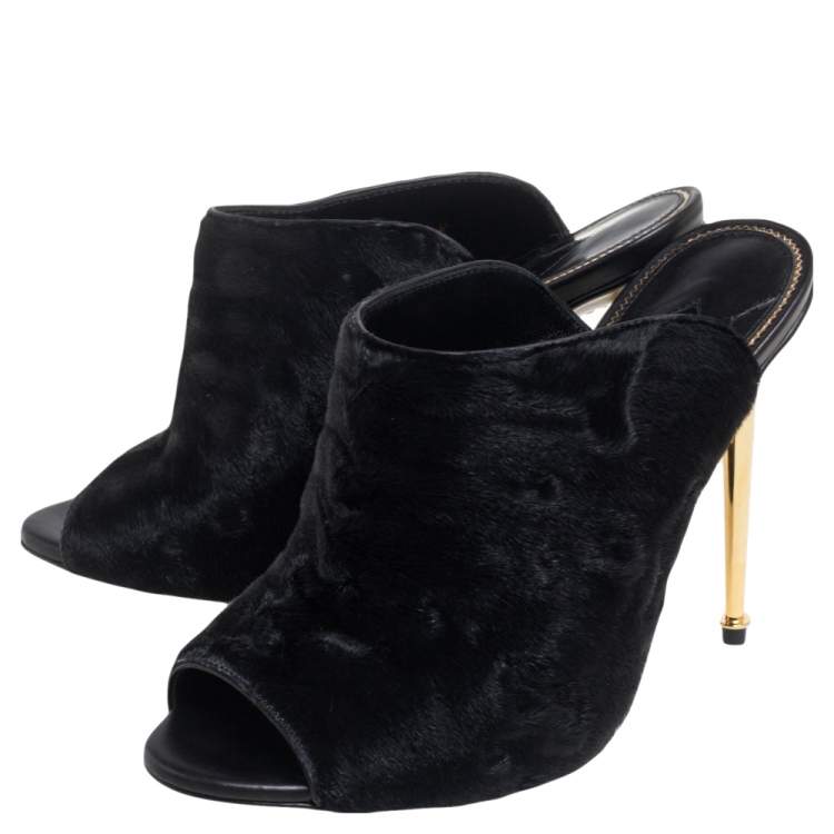 Pre Owned Tom Ford Black Calf Hair Peep-Toe Mule Sandals Size 37