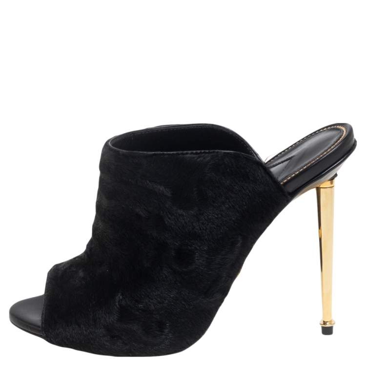 Pre Owned Tom Ford Black Calf Hair Peep-Toe Mule Sandals Size 37