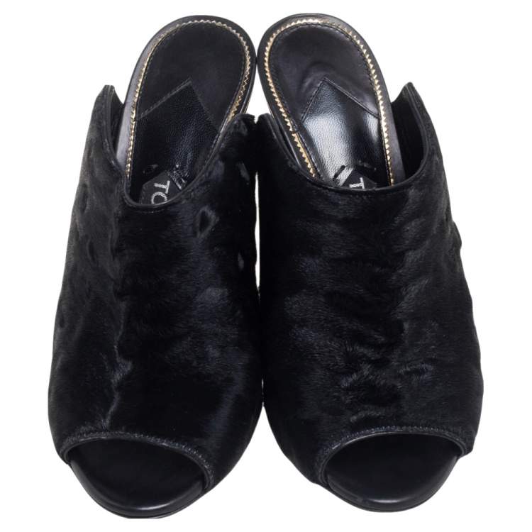 Pre Owned Tom Ford Black Calf Hair Peep-Toe Mule Sandals Size 37