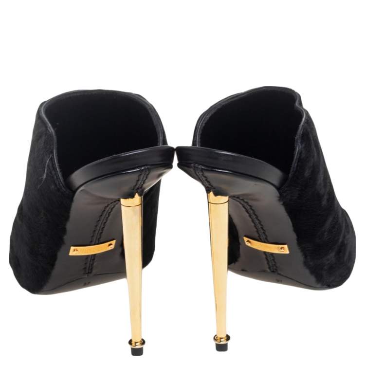 Pre Owned Tom Ford Black Calf Hair Peep-Toe Mule Sandals Size 37