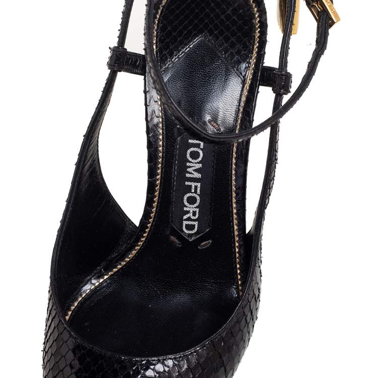 مملوكة مسبقًا Tom Ford Black Python Leather Padlock Ankle-Strap Sandals Size 36.5