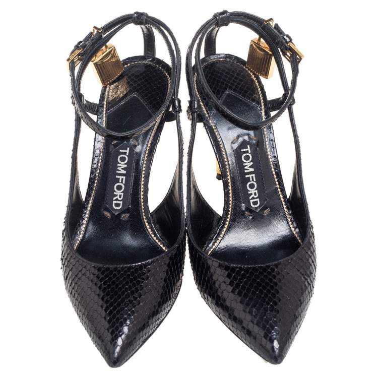 مملوكة مسبقًا Tom Ford Black Python Leather Padlock Ankle-Strap Sandals Size 36.5