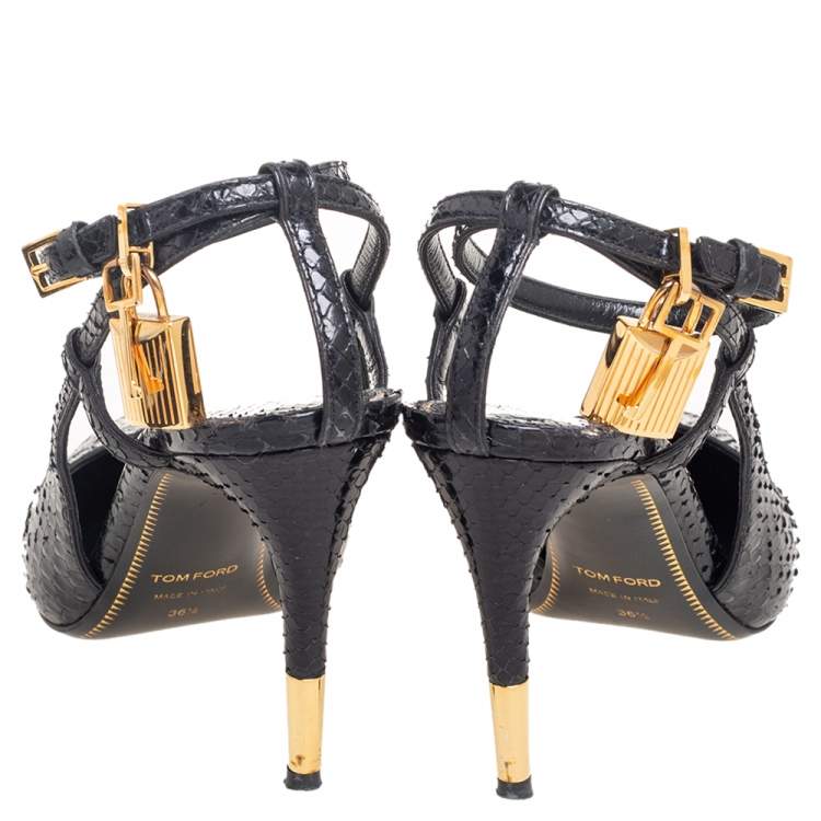 مملوكة مسبقًا Tom Ford Black Python Leather Padlock Ankle-Strap Sandals Size 36.5