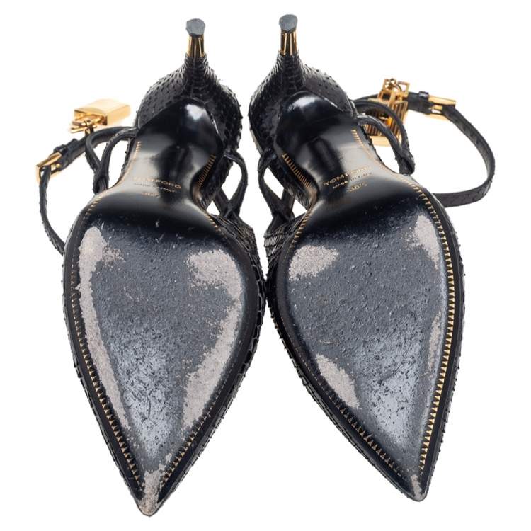 مملوكة مسبقًا Tom Ford Black Python Leather Padlock Ankle-Strap Sandals Size 36.5