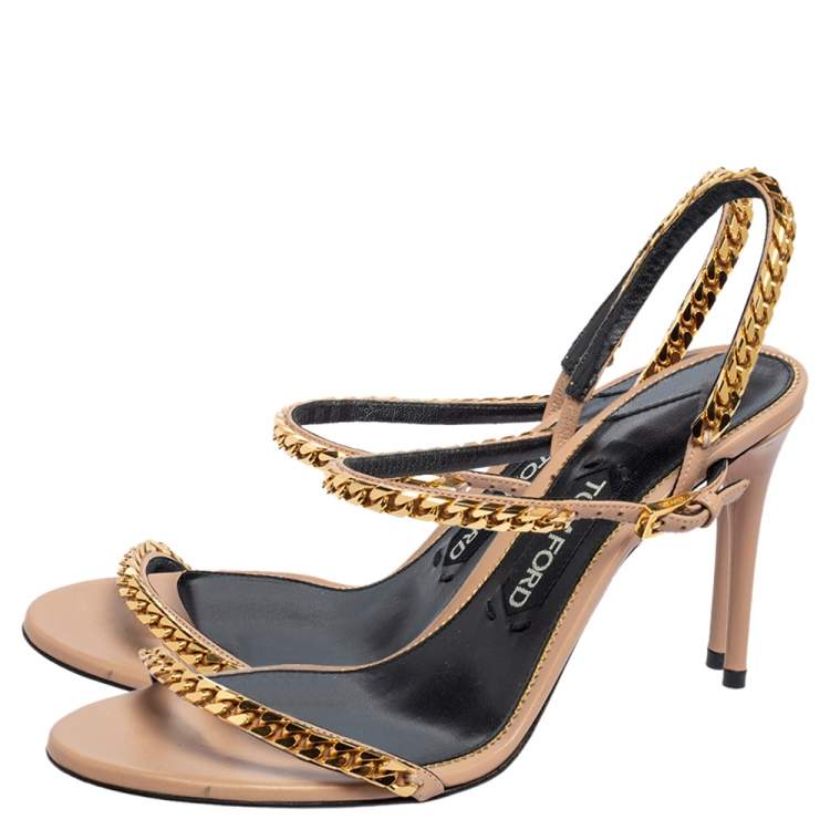 Pre Owned Tom Ford Beige Leather Chain Embellished  Slingback  Sandals Size 39