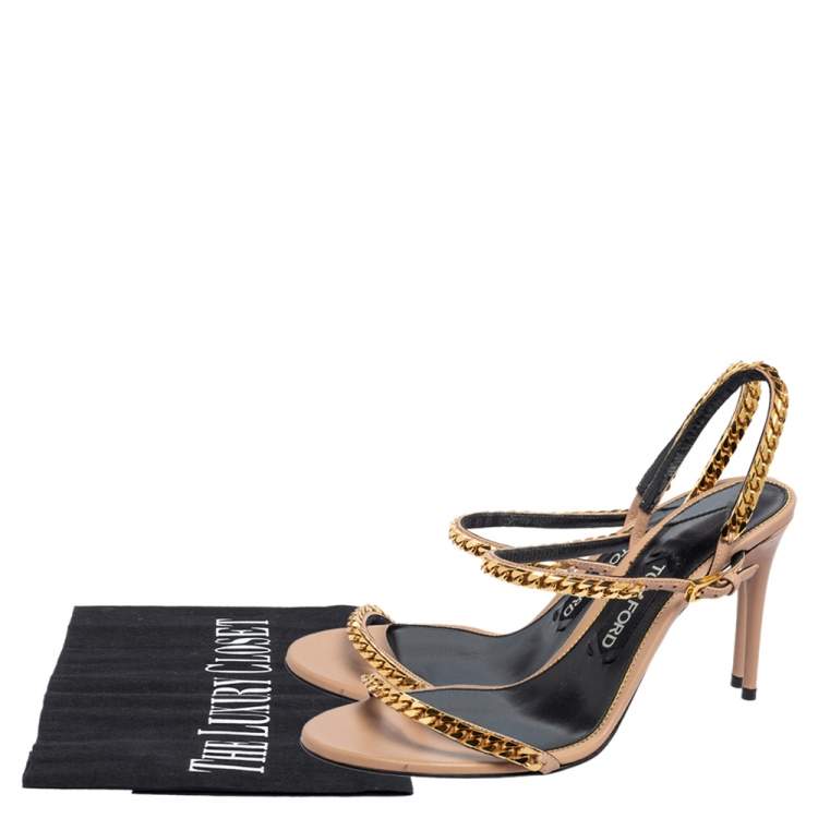 Pre Owned Tom Ford Beige Leather Chain Embellished  Slingback  Sandals Size 39