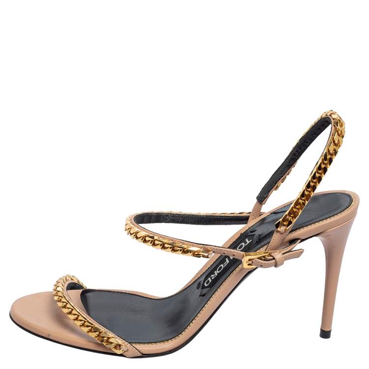 Pre Owned Tom Ford Beige Leather Chain Embellished  Slingback  Sandals Size 39