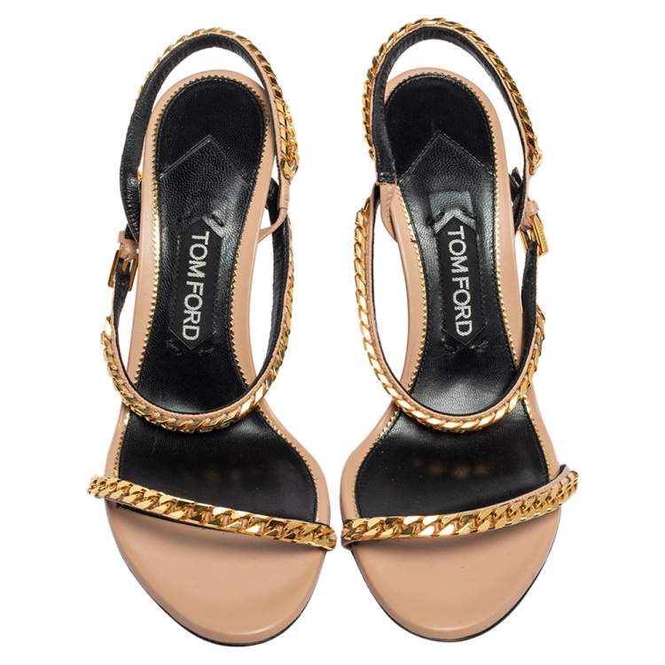 Pre Owned Tom Ford Beige Leather Chain Embellished  Slingback  Sandals Size 39