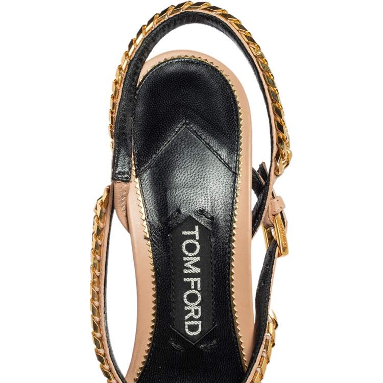 Pre Owned Tom Ford Beige Leather Chain Embellished  Slingback  Sandals Size 39