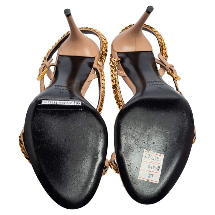 Pre Owned Tom Ford Beige Leather Chain Embellished  Slingback  Sandals Size 39