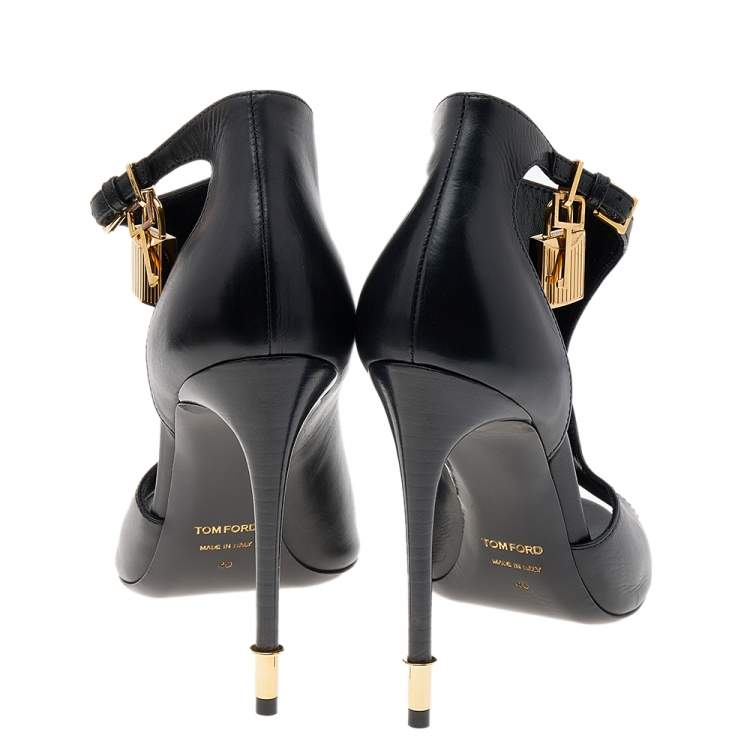 Pre Owned Tom Ford Black Leather Open Toe Padlock High Heels Pumps Size 40