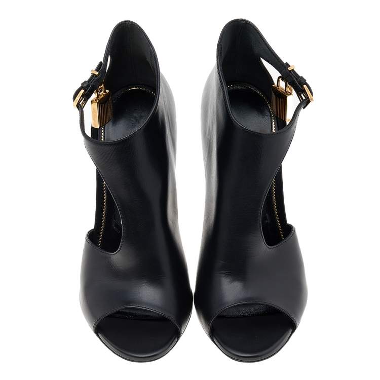 Pre Owned Tom Ford Black Leather Open Toe Padlock High Heels Pumps Size 40