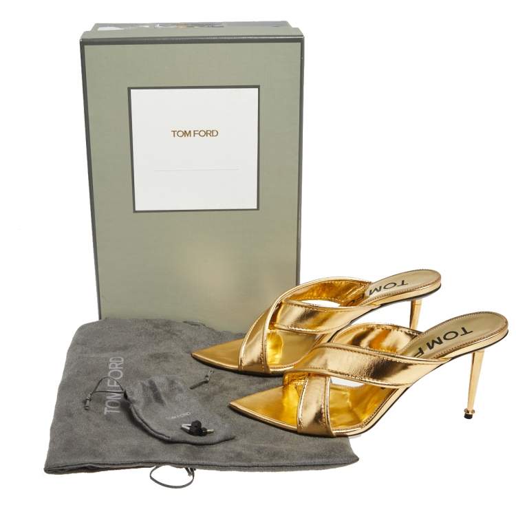مملوكة مسبقًا Tom Ford Foil Leather Criss Cross Slide Sandals Size 39