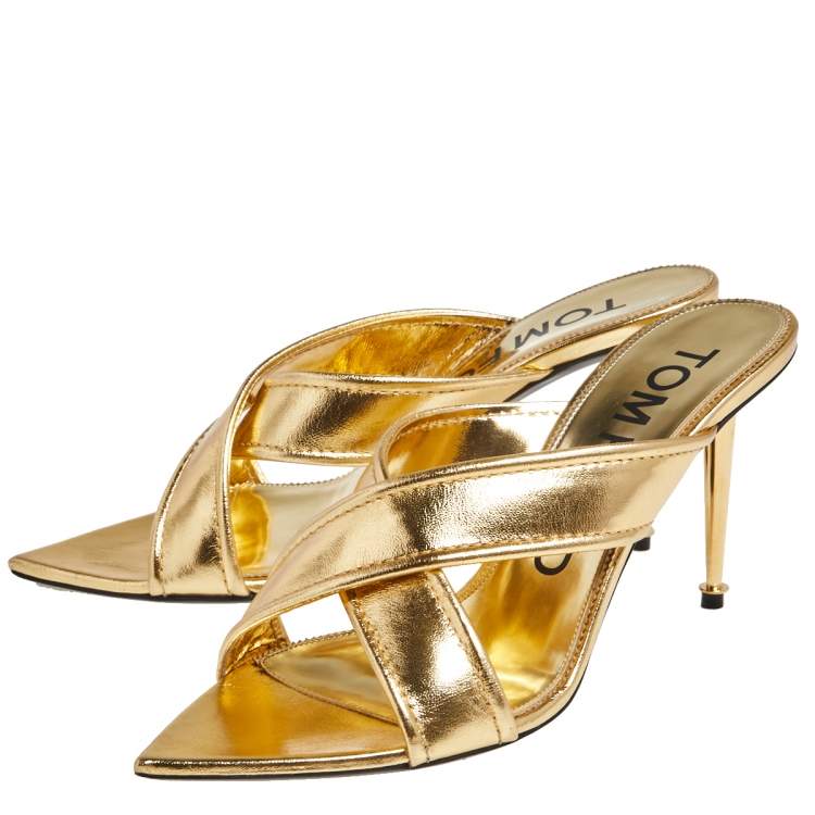 مملوكة مسبقًا Tom Ford Foil Leather Criss Cross Slide Sandals Size 39