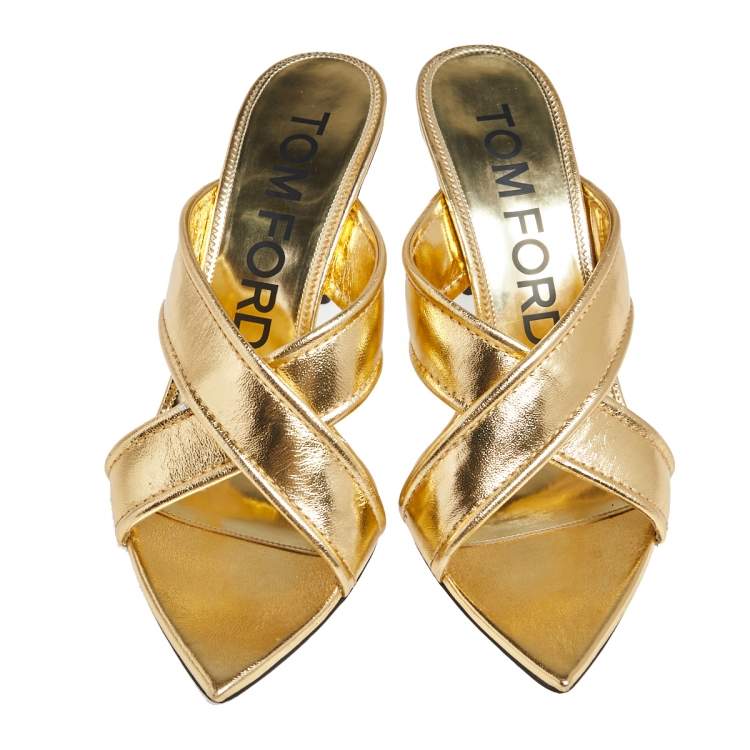 مملوكة مسبقًا Tom Ford Foil Leather Criss Cross Slide Sandals Size 39