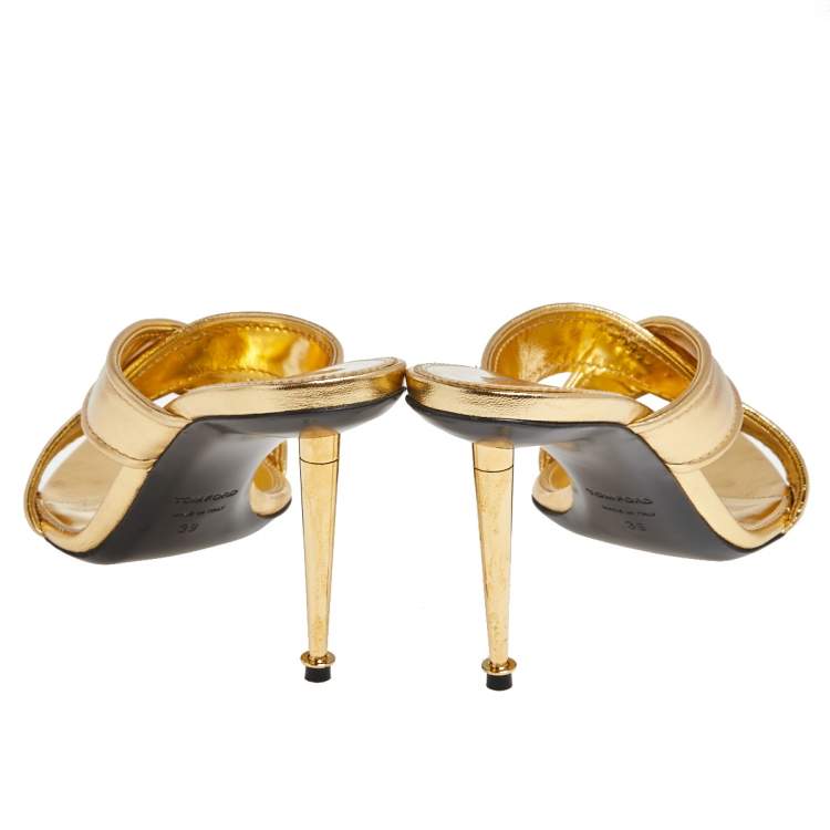 مملوكة مسبقًا Tom Ford Foil Leather Criss Cross Slide Sandals Size 39