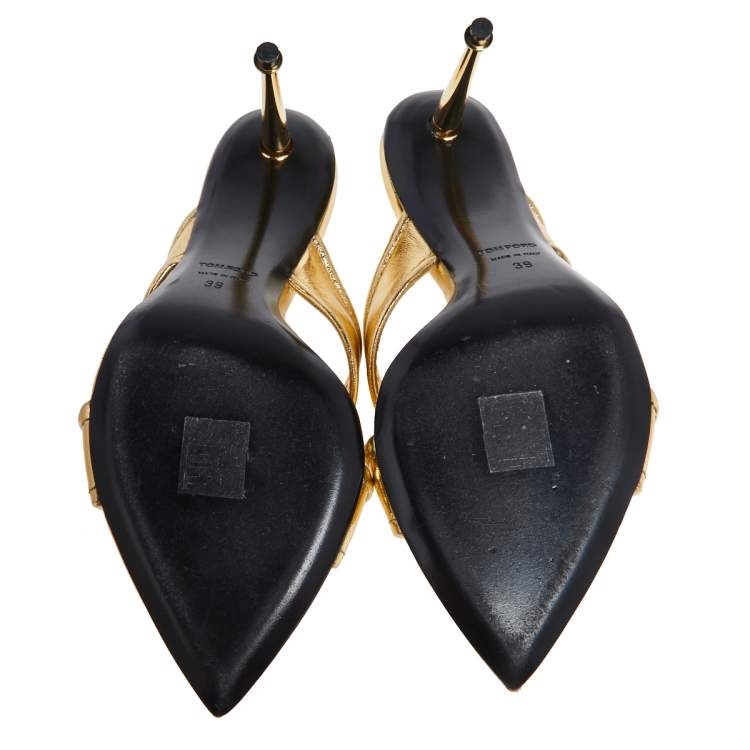 مملوكة مسبقًا Tom Ford Foil Leather Criss Cross Slide Sandals Size 39