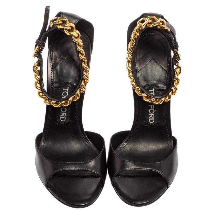 Pre Owned Tom Ford Black Leather Ankle Chain Strap Wedge Sandals Size 38
