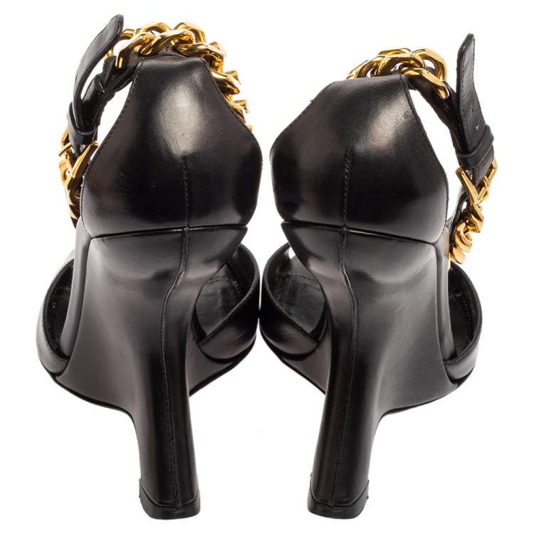 Pre Owned Tom Ford Black Leather Ankle Chain Strap Wedge Sandals Size 38