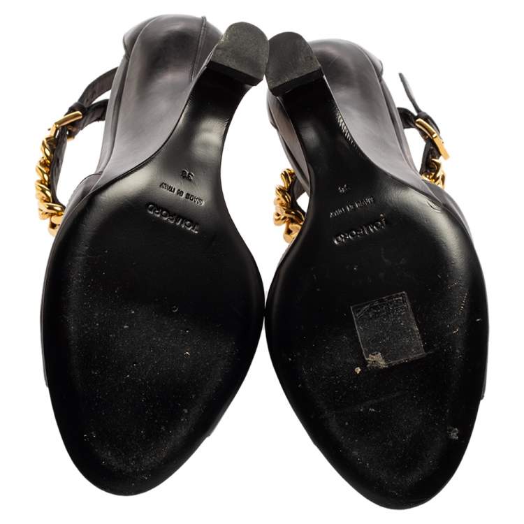 Pre Owned Tom Ford Black Leather Ankle Chain Strap Wedge Sandals Size 38