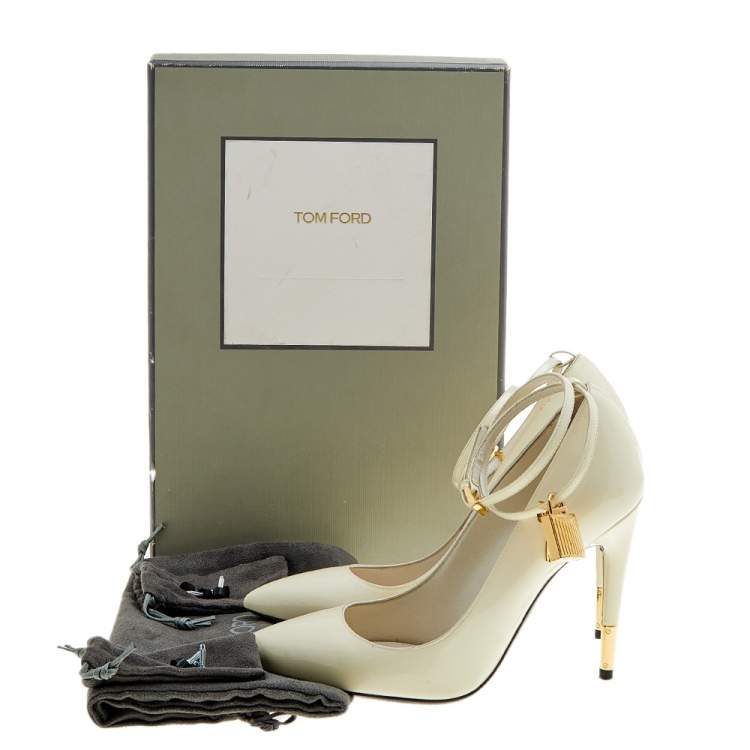 Pre Owned Tom Ford White Patent Leather Padlock Ankle Wrap Pointed Toe Pumps Size 36.5