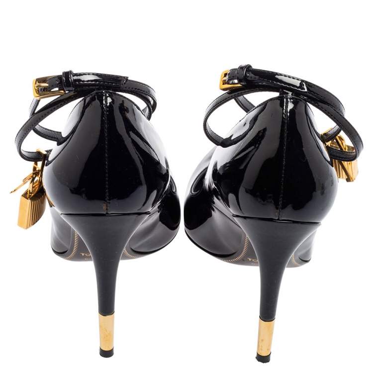 Pre Owned Tom Ford Midnight Blue Patent Leather Padlock Ankle Wrap Pumps Size 36