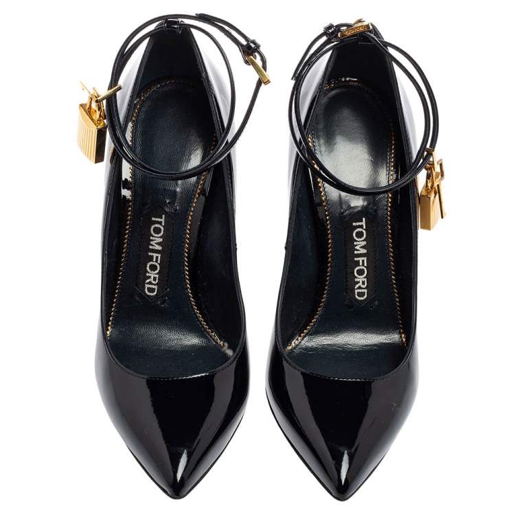 Pre Owned Tom Ford Midnight Blue Patent Leather Padlock Ankle Wrap Pumps Size 36