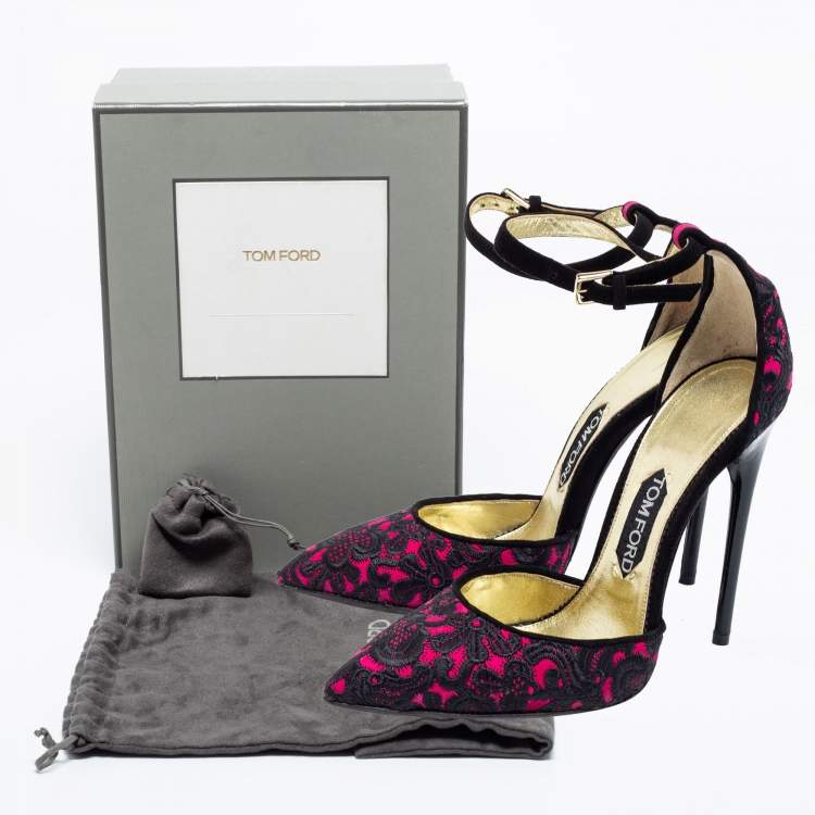 Pre Owned Tom Ford Fuchsia/Black Embroidered Suede D'Orsay Pointed Toe Ankle Strap Pumps Size 38.5