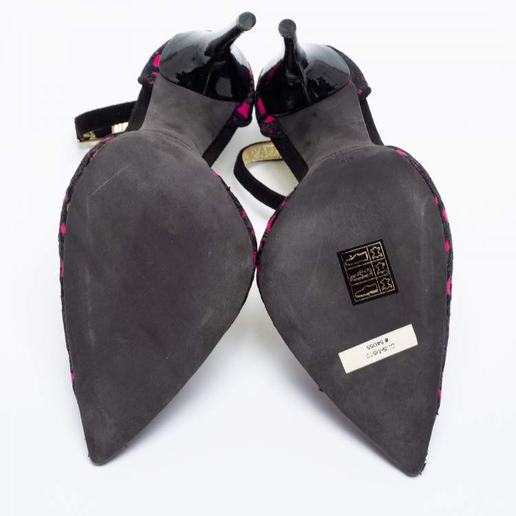 Pre Owned Tom Ford Fuchsia/Black Embroidered Suede D'Orsay Pointed Toe Ankle Strap Pumps Size 38.5