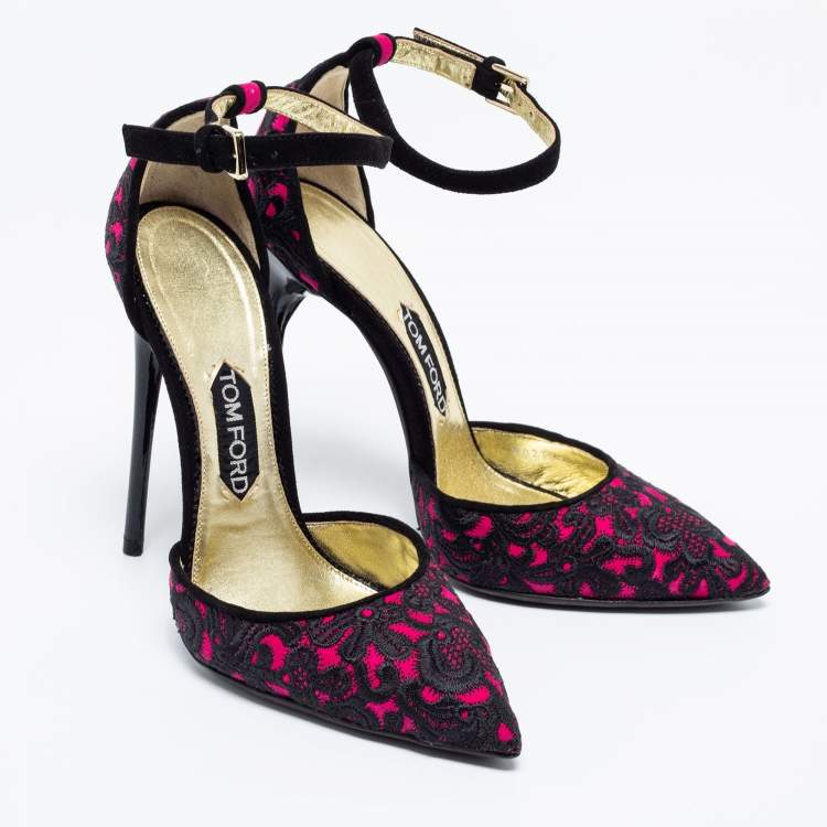 Pre Owned Tom Ford Fuchsia/Black Embroidered Suede D'Orsay Pointed Toe Ankle Strap Pumps Size 38.5