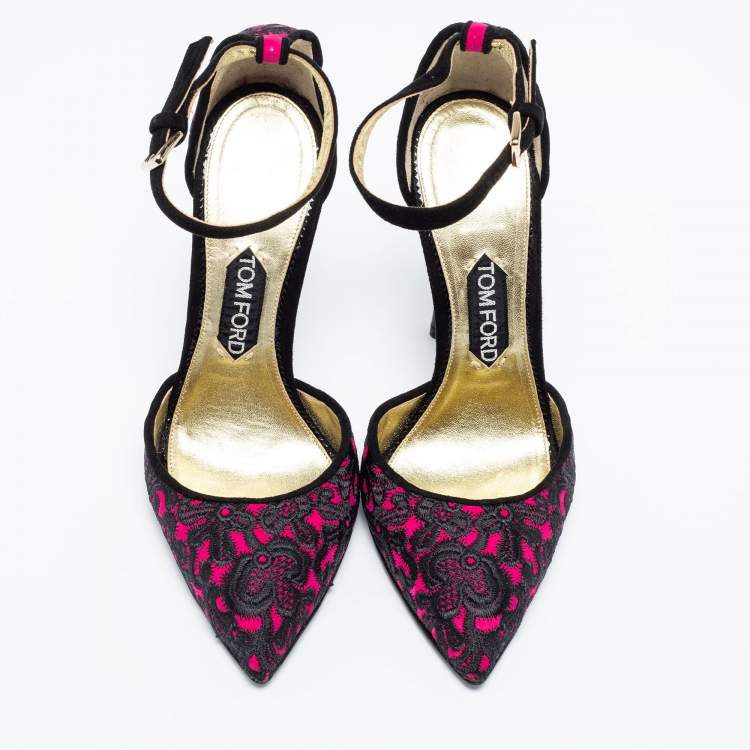 Pre Owned Tom Ford Fuchsia/Black Embroidered Suede D'Orsay Pointed Toe Ankle Strap Pumps Size 38.5
