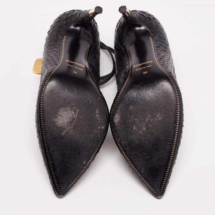 Pre Owned Tom Ford Black Python Leather Padlock Charm Ankle-Strap Pumps Size 38