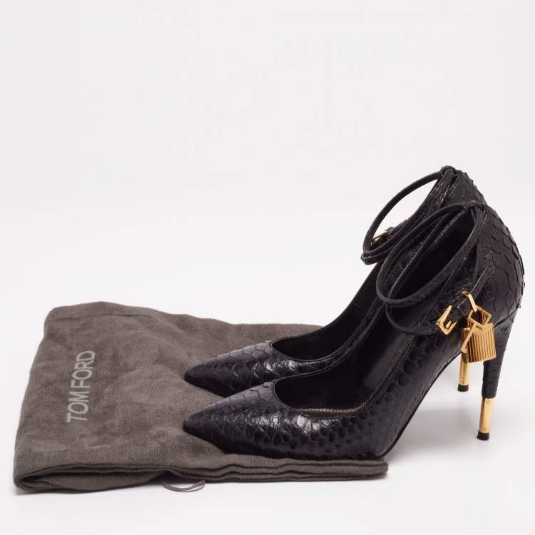 Pre Owned Tom Ford Black Python Leather Padlock Charm Ankle-Strap Pumps Size 38