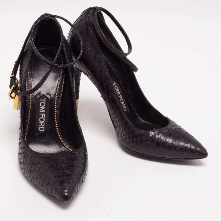 Pre Owned Tom Ford Black Python Leather Padlock Charm Ankle-Strap Pumps Size 38