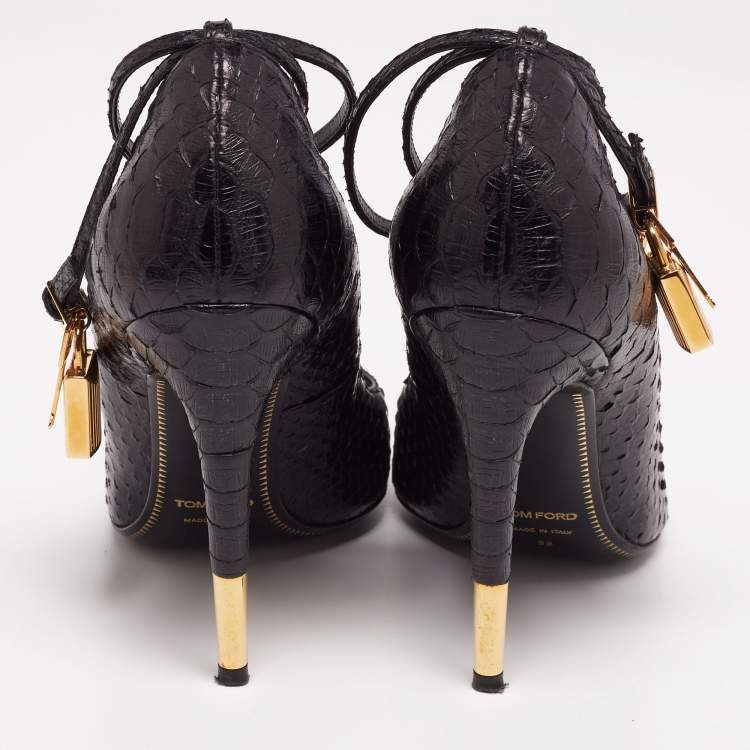 Pre Owned Tom Ford Black Python Leather Padlock Charm Ankle-Strap Pumps Size 38