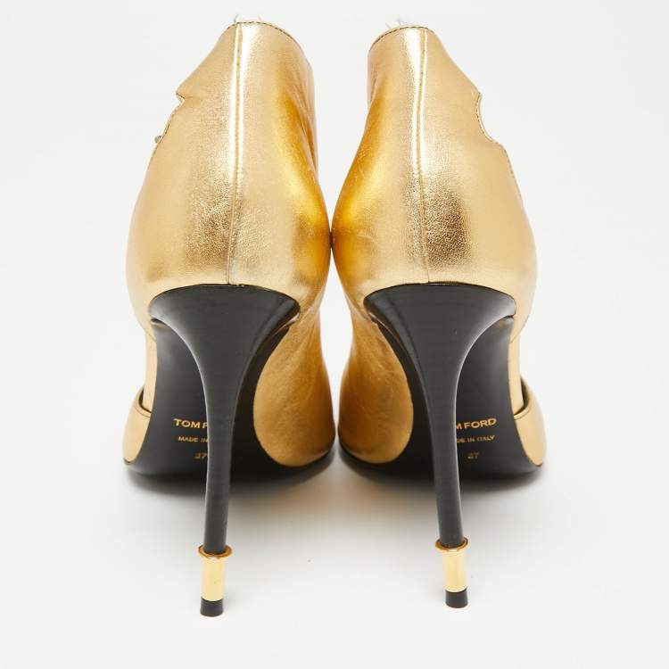 Pre Owned Tom Ford Gold Leather Padlock Ankle-Wrap Booties Size 37