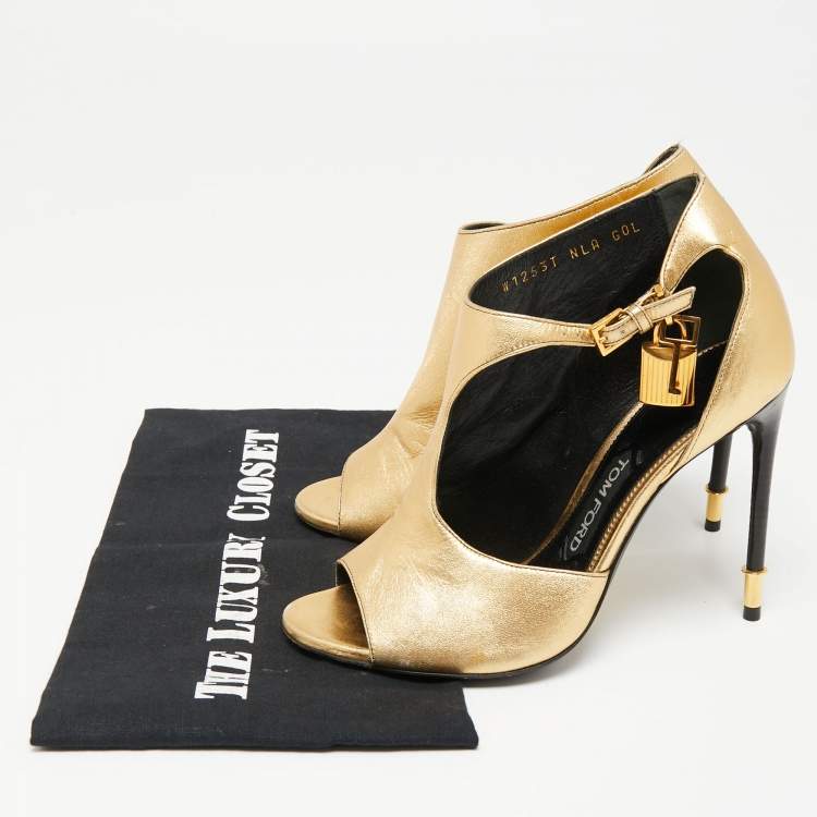 Pre Owned Tom Ford Gold Leather Padlock Ankle-Wrap Booties Size 37